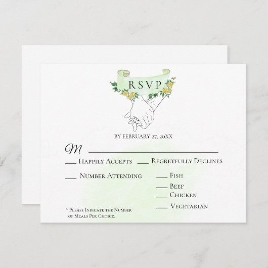 *~* Roses Jaunes tenant Mains Mariage RSVP (Devant / Derrière)