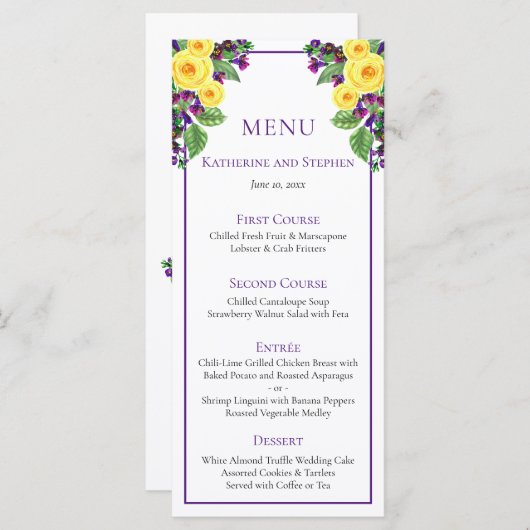 Roses jaunes | Violets Boho Floral Wedding Menu (Devant / Derrière)