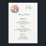 Roses Menu Card<br><div class="desc">This Menu Card template is shown on the basic paper in white with a lovely pink and white rose print design. Script and standard text are in a black color. Customize the names and menu items by clicking the customize or edit button, use the offered templates to change to your...</div>