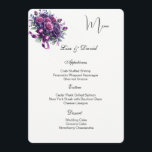 Roses Menu Card<br><div class="desc">This Menu Card template is shown on the basic paper in white with a lovely purple rose bouquet print design. Script and standard text are in a black color. Customize the names and menu items by clicking the customize or edit button, use the offered templates to change to your information....</div>
