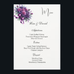 Roses Menu Card<br><div class="desc">This Menu Card template is shown on the basic paper in white with a lovely purple rose bouquet print design. Script and standard text are in a black color. Customize the names and menu items by clicking the customize or edit button, use the offered templates to change to your information....</div>