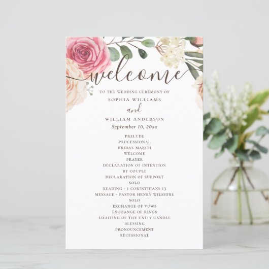 Roses rose aquarelle. Programme de mariage floral (Debout devant)