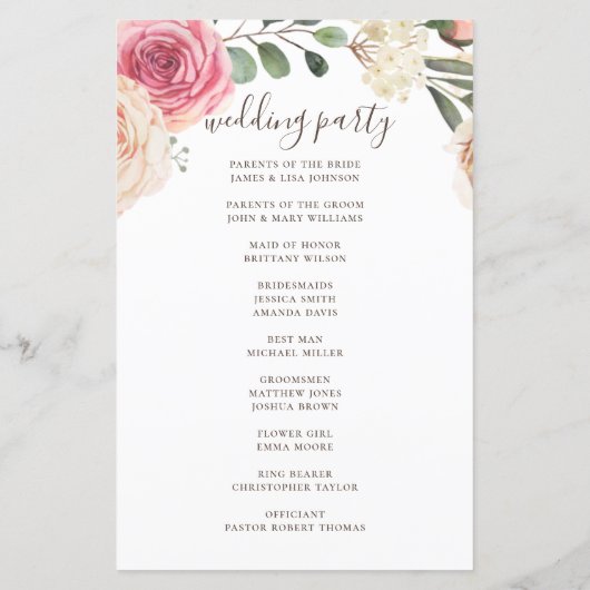 Roses rose aquarelle. Programme de mariage floral (Dos)