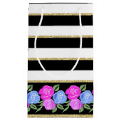 Roses rose et bleu sur le sac cadeau noir, blanc, (Devant)