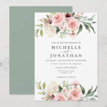 Roses rose romantique Faire-part de mariage vert