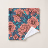 Roses roses avec feuilles bleus sur bleu (Gant de toilette)