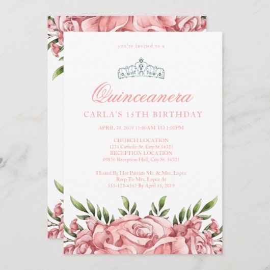 Roses roses blanches | Invitations de Quinceanera (Devant / Derrière)