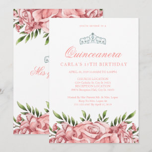Roses roses blanches   Invitations de Quinceanera