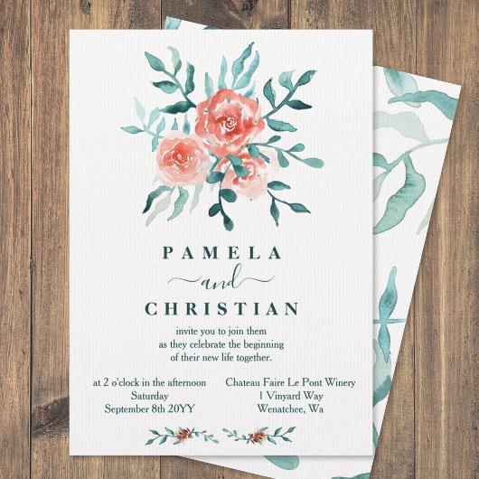 Roses roses, Eucalyptus Hiver Mariage Invitation