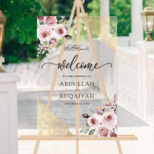 Roses roses or lacet doré Bienvenue Mariage Musulm