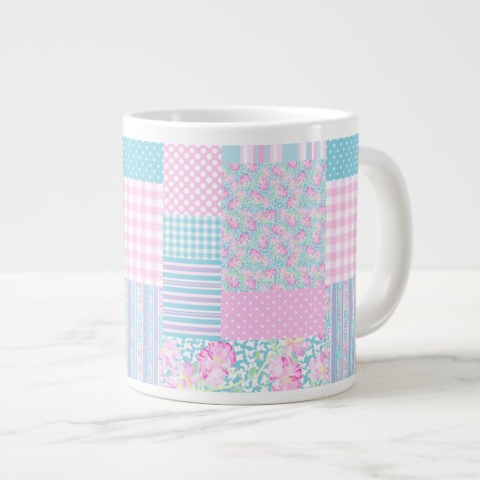 Roses roses, Papillons Faux Patchwork Jumbo Mug (Devant droit)
