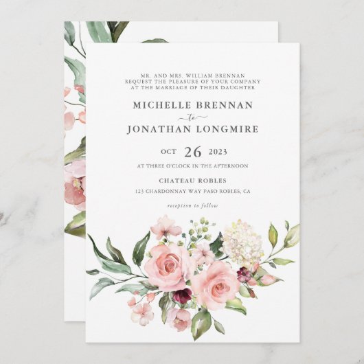 Roses roses romantiques (Style 2) Faire-part de ma (Devant / Derrière)