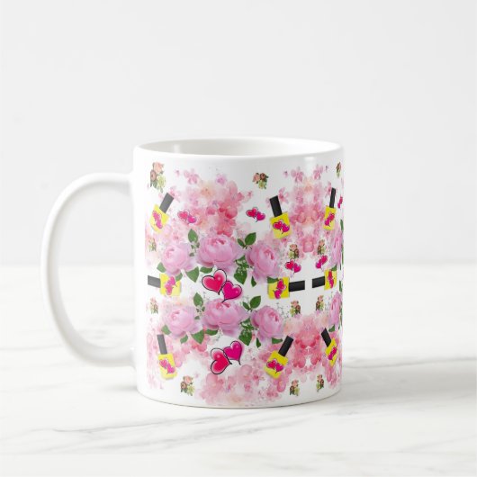 Roses roses rose Coeurs roses Jaune clou Mug polon (Gauche)