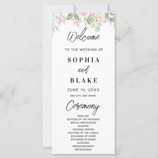 Roses roses roses et vert programme de mariage (Devant)