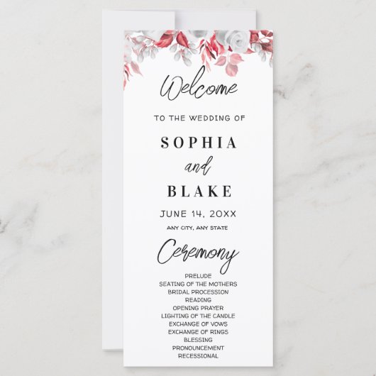 Roses roses roses et vert programme de mariage (Devant)