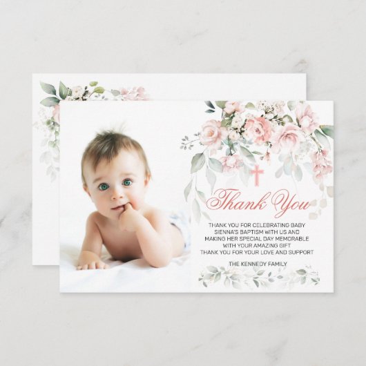 Roses roses roses vertes Baptême Photo Merci plat (Devant / Derrière)