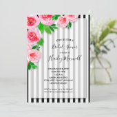 Roses roses sur les rayures Invitations de douche (Debout devant)