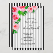 Roses roses sur les rayures Invitations de douche (Devant / Derrière)