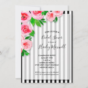 Roses roses sur les rayures Invitations de douche 