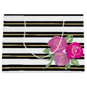 Roses roses sur Noir, Blanc, Sac Cadeau Or (Devant)