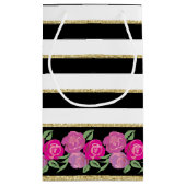 Roses roses sur Noir, Blanc, Sac Cadeau Or (Dos)