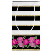 Roses roses sur Noir, Blanc, Sac Cadeau Or (Devant)