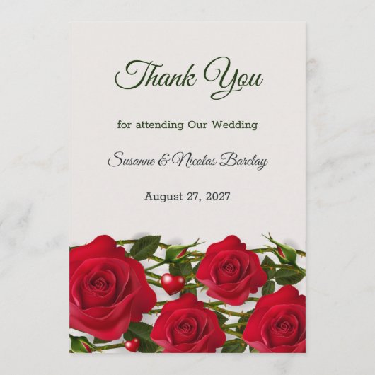 Roses rouges avec coeur Mariage Carte Menu (Dos)