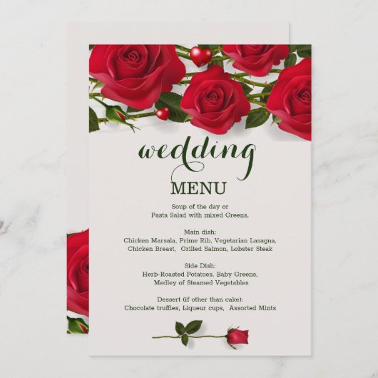 Roses rouges avec coeur Mariage Carte Menu (Devant / Derrière)