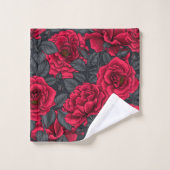 Roses rouges avec feuilles gris sur noir (Gant de toilette)