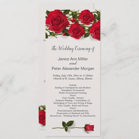 Roses rouges avec le coeur Programme de mariage (Devant / Derrière)