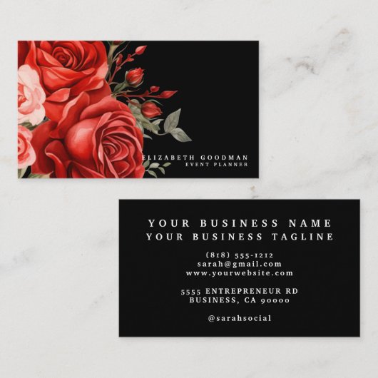 Roses rouges classiques Cartes de visite noirs (Devant / Derrière)
