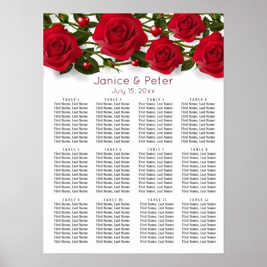 Roses rouges, coeurs Mariage 12 tables Tableau de  (Devant)