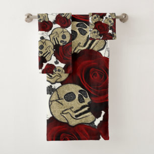 Roses Rouges & Crânes Floral Noir Gothique Blanc