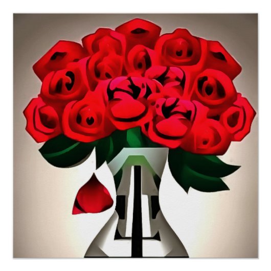 Roses Rouges Dans Vase Art Déco Art Abstrait (Devant)