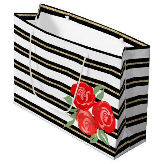 Roses rouges en noir, blanc, sac cadeau or (Devant Angle)