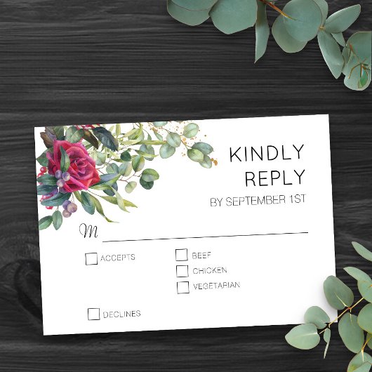 Roses rouges et Eucalyptus Mariage floral RSVP