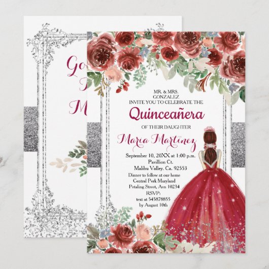 Roses Rouges Fleurs Argent Quinceanera Invitation (Devant / Derrière)