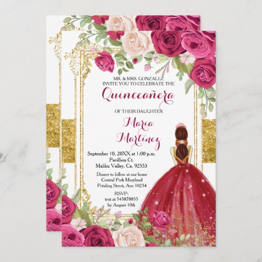 Roses rouges Fleurs or Quinceanera Invitation (Devant / Derrière)