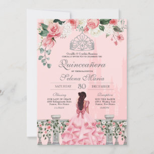 Roses Silver Tiara Royal Princess Quinceañera Kaart