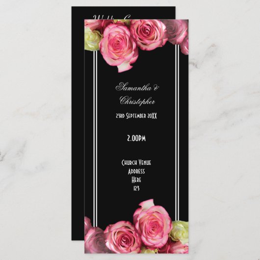 Roses sur le programme de mariage d'église noire (Devant / Derrière)