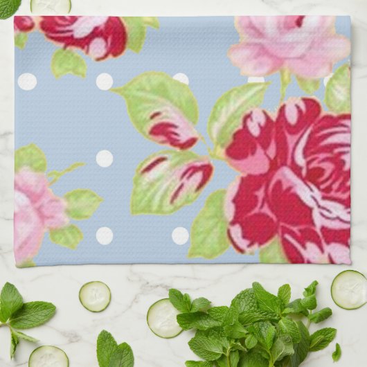 Roses Sur Serviette Cuisine Bleue (Plié)