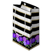 Roses violets sur le sac cadeau noir, blanc, or (Devant Angle)