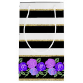Roses violets sur le sac cadeau noir, blanc, or (Devant)