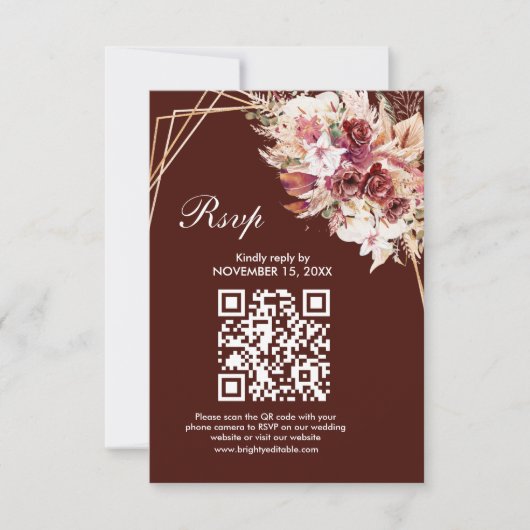 Rosewood Gold Frame QR Code Wedding RSVP Card (Devant)
