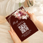 Rosewood Gold Frame QR Code Wedding RSVP Card Kaartje