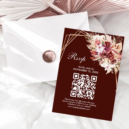 Rosewood Gold Frame QR Code Wedding RSVP Card Kaartje