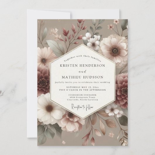 Rosewood Muted Bloom Wedding Kaart (Voorkant)