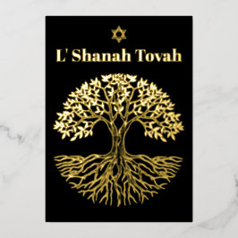 Rosh Hashanah Gold Foil Tree of Life Zwart Folie Feestdagenkaart