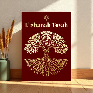 Rosh Hashanah Goud Folie Boom des Levens Bourgondi Feestdagenkaart