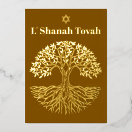 Rosh Hashanah Goud Folie Boom des Levens Bruin Folie Feestdagenkaart